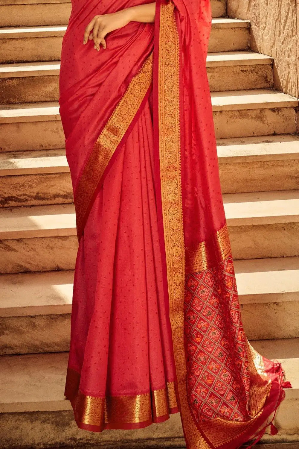 Red Zari Work Soft Silk Saree - Kalyanja